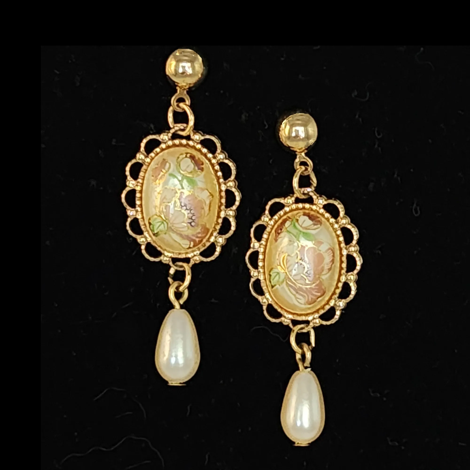 Faux Cloisonne and Pearl Bracelet and Filigree Pearl Drop Earring Set