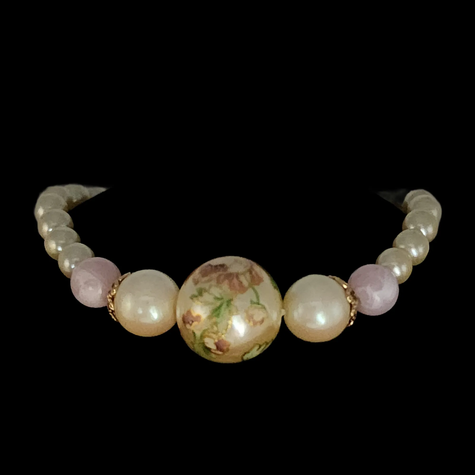 Faux Cloisonne and Pearl Bracelet and Filigree Pearl Drop Earring Set