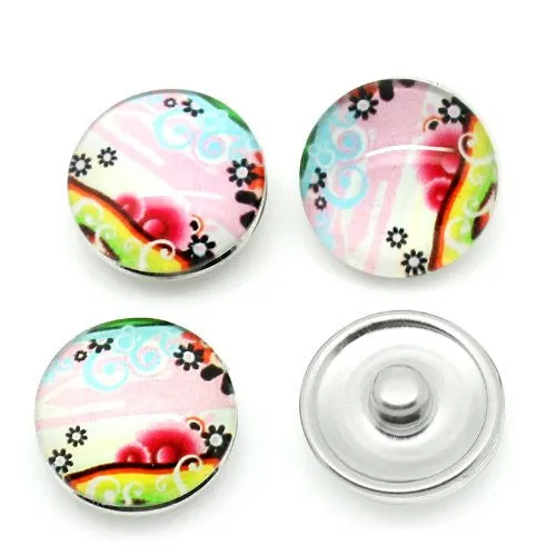 Flower Pattern Glass Chunk Charm Button Fits Chunk Bracelet 18mm for Noosa Style Bracelet