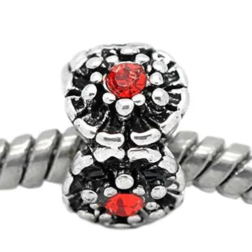 Flower W/red  Rhinestone Bead European Bead Charm Compatible with European Snake Chain Charm Bracelet