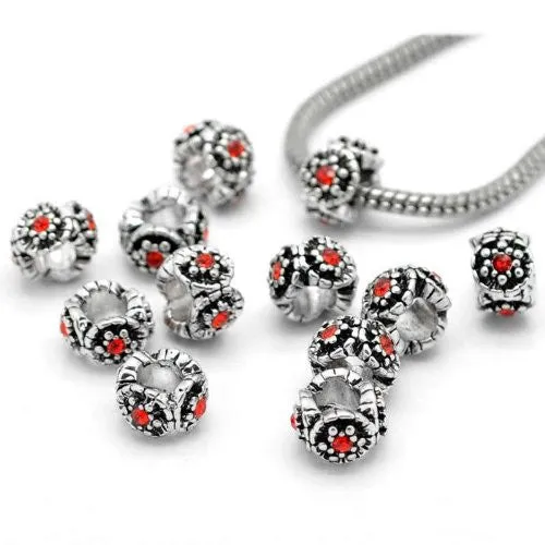 Flower W/red  Rhinestone Bead European Bead Charm Compatible with European Snake Chain Charm Bracelet