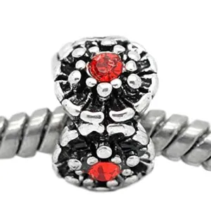 Flower W/red  Rhinestone Bead European Bead Charm Compatible with European Snake Chain Charm Bracelet