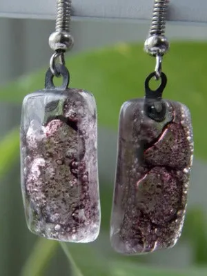Fused Glass earrings. Purply Bubbly color recycled Glass Earrings. Small Bars dangle earrings