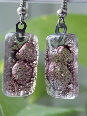 Fused Glass earrings. Purply Bubbly color recycled Glass Earrings. Small Bars dangle earrings