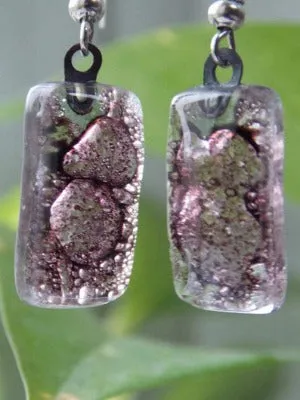 Fused Glass earrings. Purply Bubbly color recycled Glass Earrings. Small Bars dangle earrings