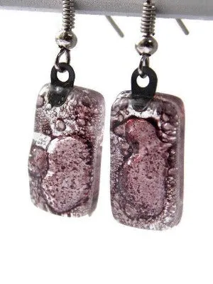 Fused Glass earrings. Purply Bubbly color recycled Glass Earrings. Small Bars dangle earrings