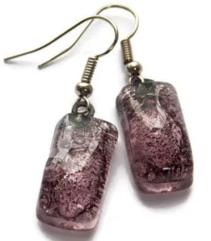 Fused Glass earrings. Purply Bubbly color recycled Glass Earrings. Small Bars dangle earrings