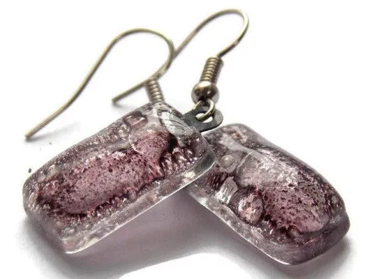 Fused Glass earrings. Purply Bubbly color recycled Glass Earrings. Small Bars dangle earrings