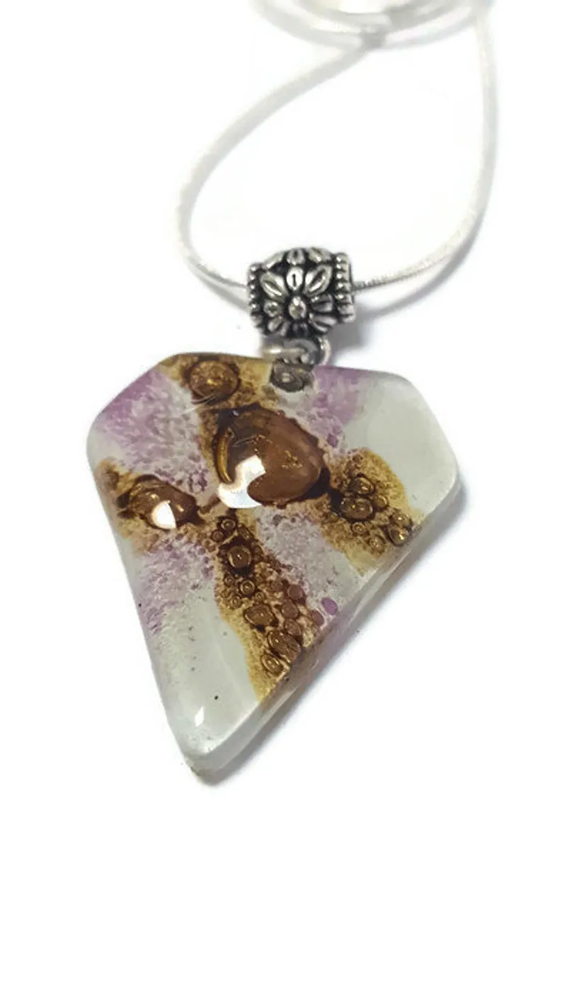 Fused Glass Pendant . White, Purple and Brown Glass Necklace.Handmade pendant