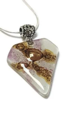 Fused Glass Pendant . White, Purple and Brown Glass Necklace.Handmade pendant