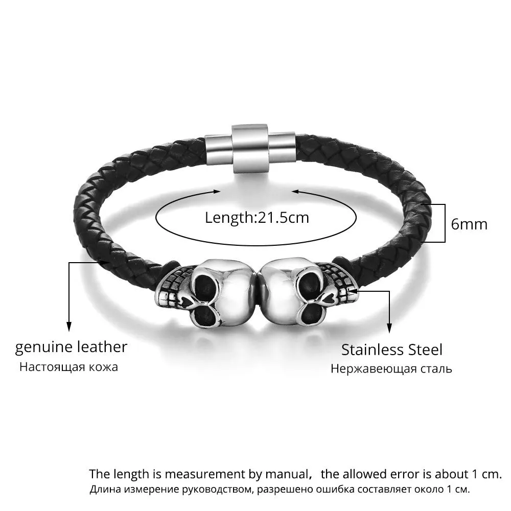 Genuine Leather Skeleton Skull Stainless Steel Bracelets & Bangles Rock Jewelry Fashion Men's Bracelet