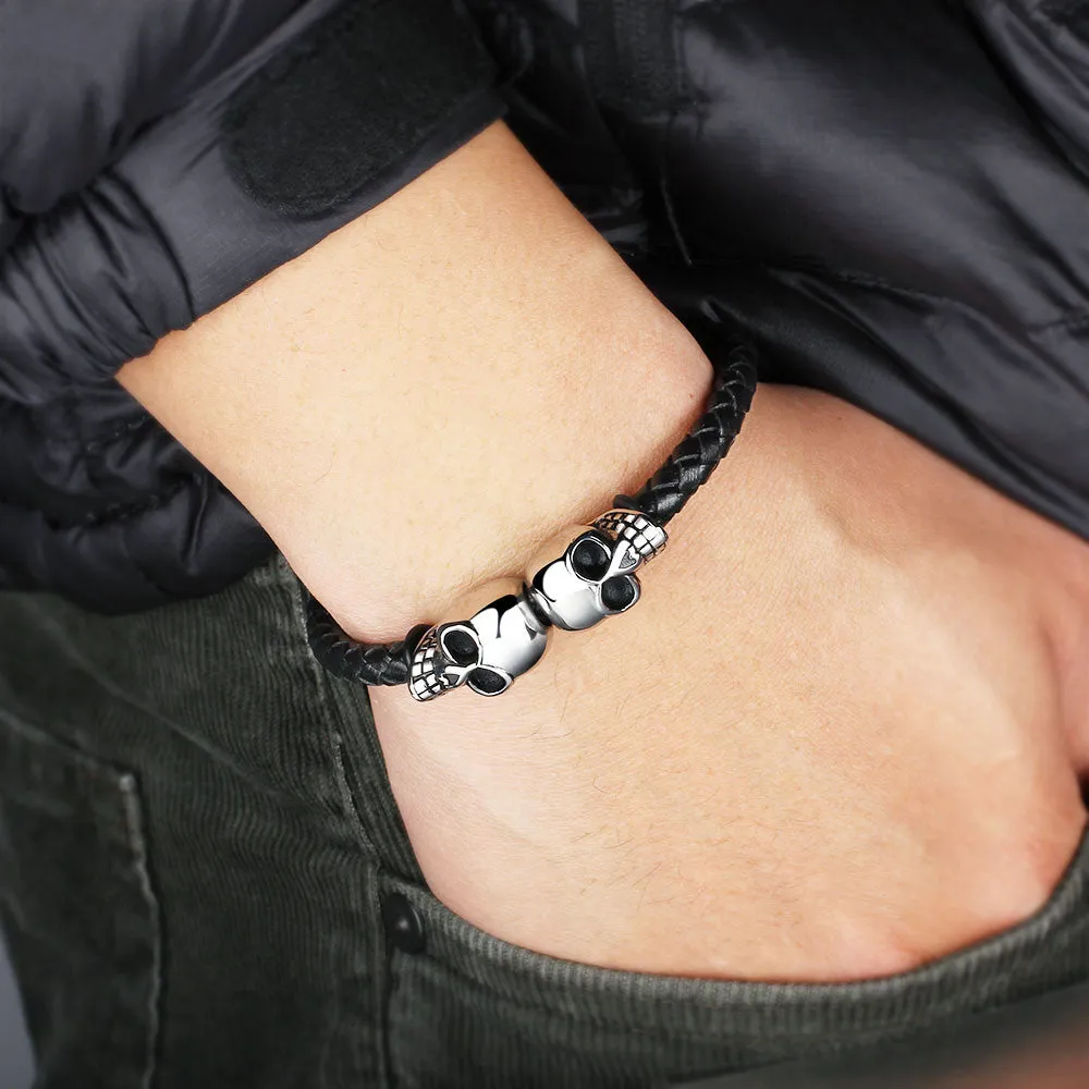 Genuine Leather Skeleton Skull Stainless Steel Bracelets & Bangles Rock Jewelry Fashion Men's Bracelet