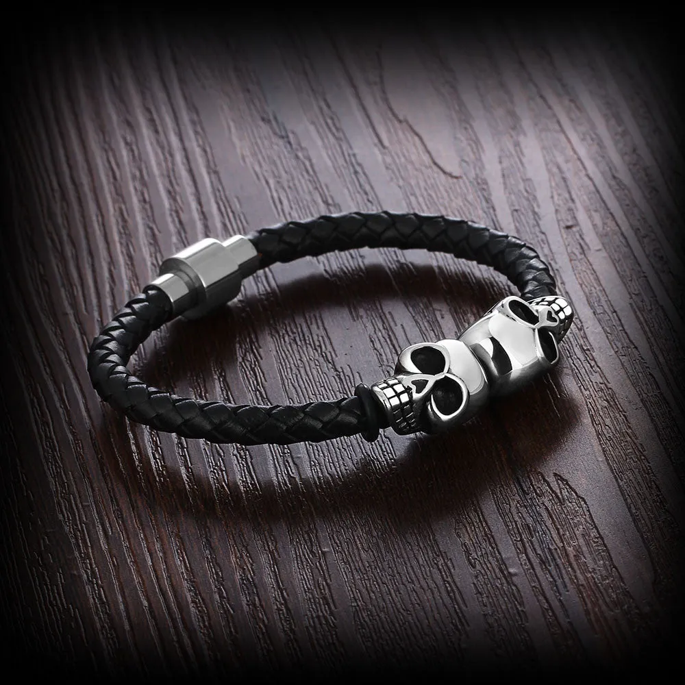 Genuine Leather Skeleton Skull Stainless Steel Bracelets & Bangles Rock Jewelry Fashion Men's Bracelet