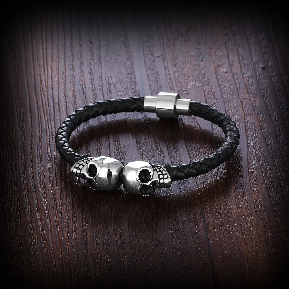 Genuine Leather Skeleton Skull Stainless Steel Bracelets & Bangles Rock Jewelry Fashion Men's Bracelet