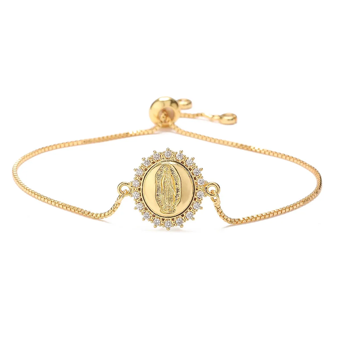 Gold Color Box Chain Virgin Mary Charm Bracelets For Women Shiny CZ Zircon Jewelry