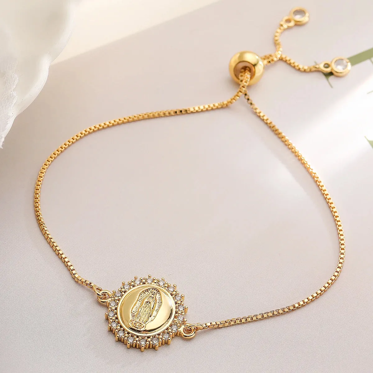 Gold Color Box Chain Virgin Mary Charm Bracelets For Women Shiny CZ Zircon Jewelry