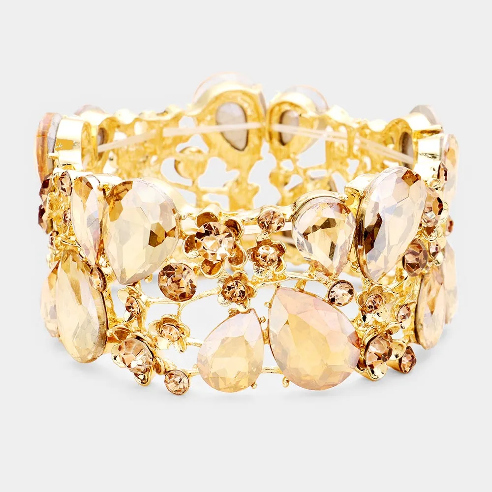Gold Crystal Teardrop Floral Stretch Bracelet on Gold |  426859