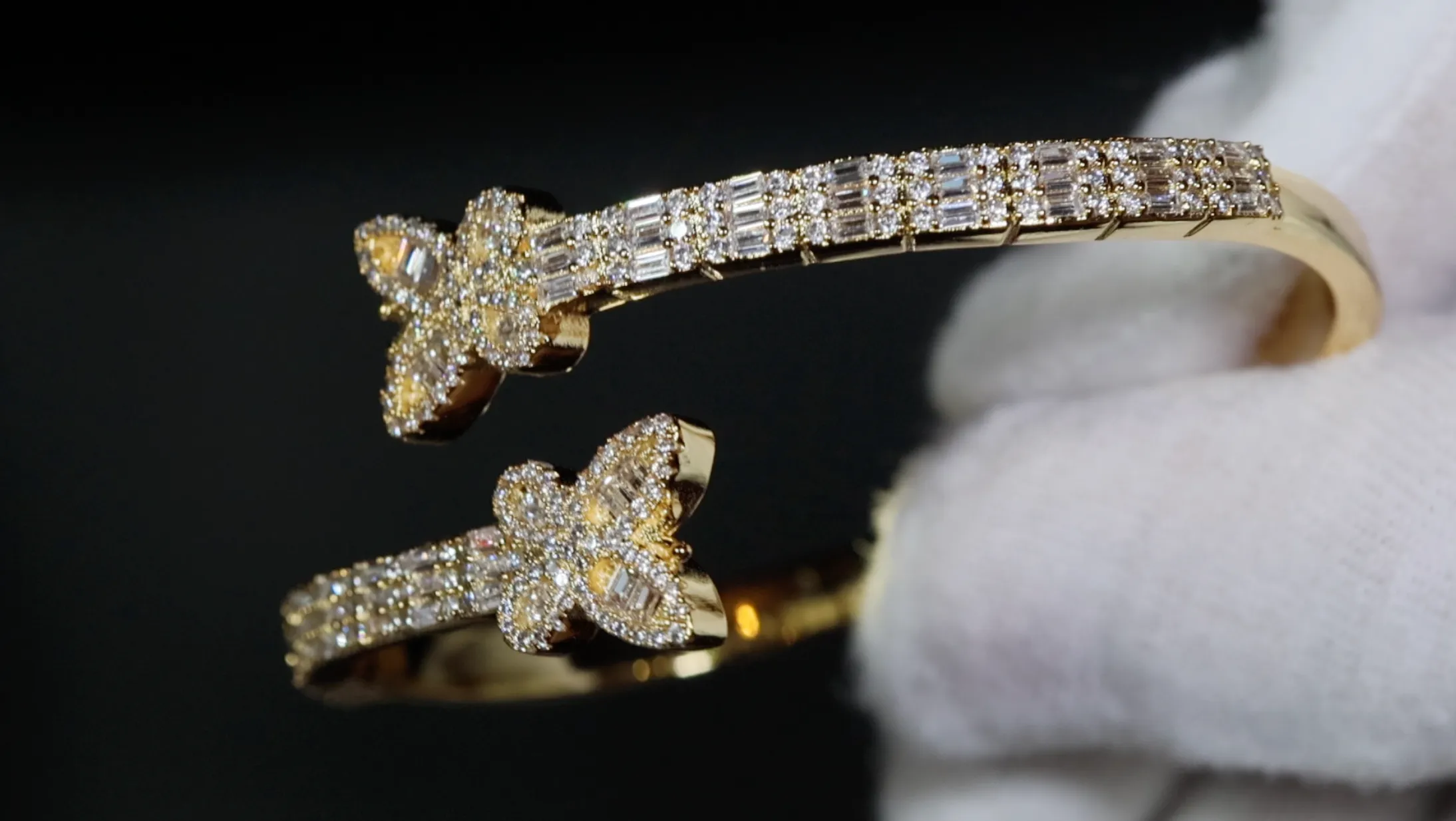 Gold Diamond Butterfly Bracelet | Iced Bracelet | Butterfly Bracelet | Diamond Butterfly Bangle | Baguette Bracelet