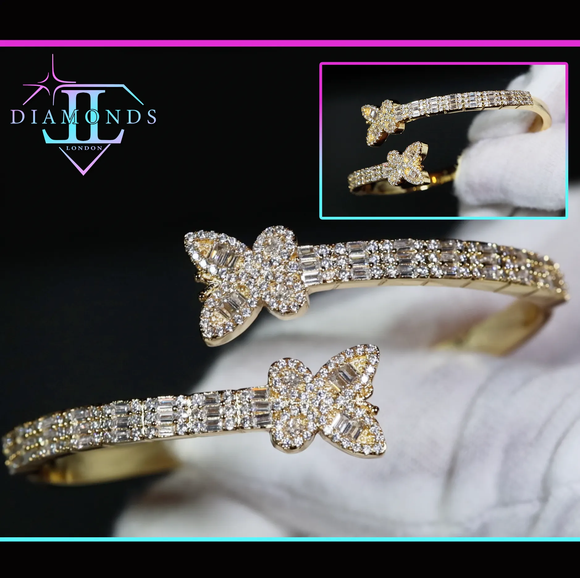 Gold Diamond Butterfly Bracelet | Iced Bracelet | Butterfly Bracelet | Diamond Butterfly Bangle | Baguette Bracelet