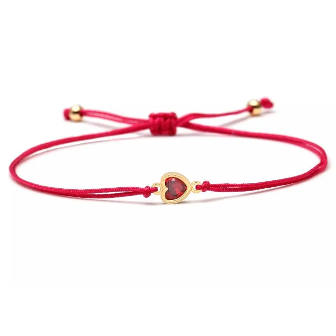 Gold Red Stone Heart Charm Red String Protection Bracelet