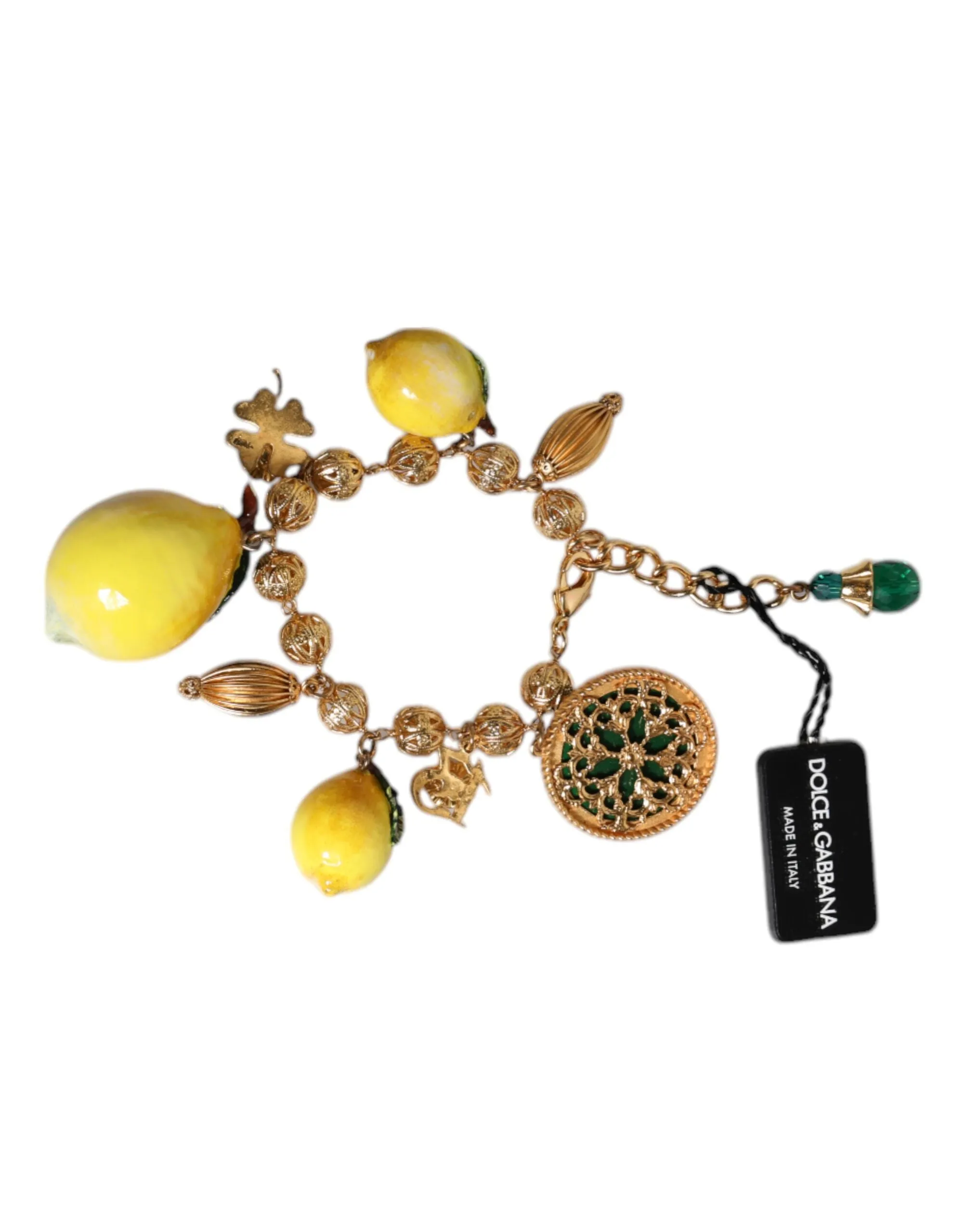 Gold Tone Brass Filigree Ball Charm Lemon Logo Bracelet