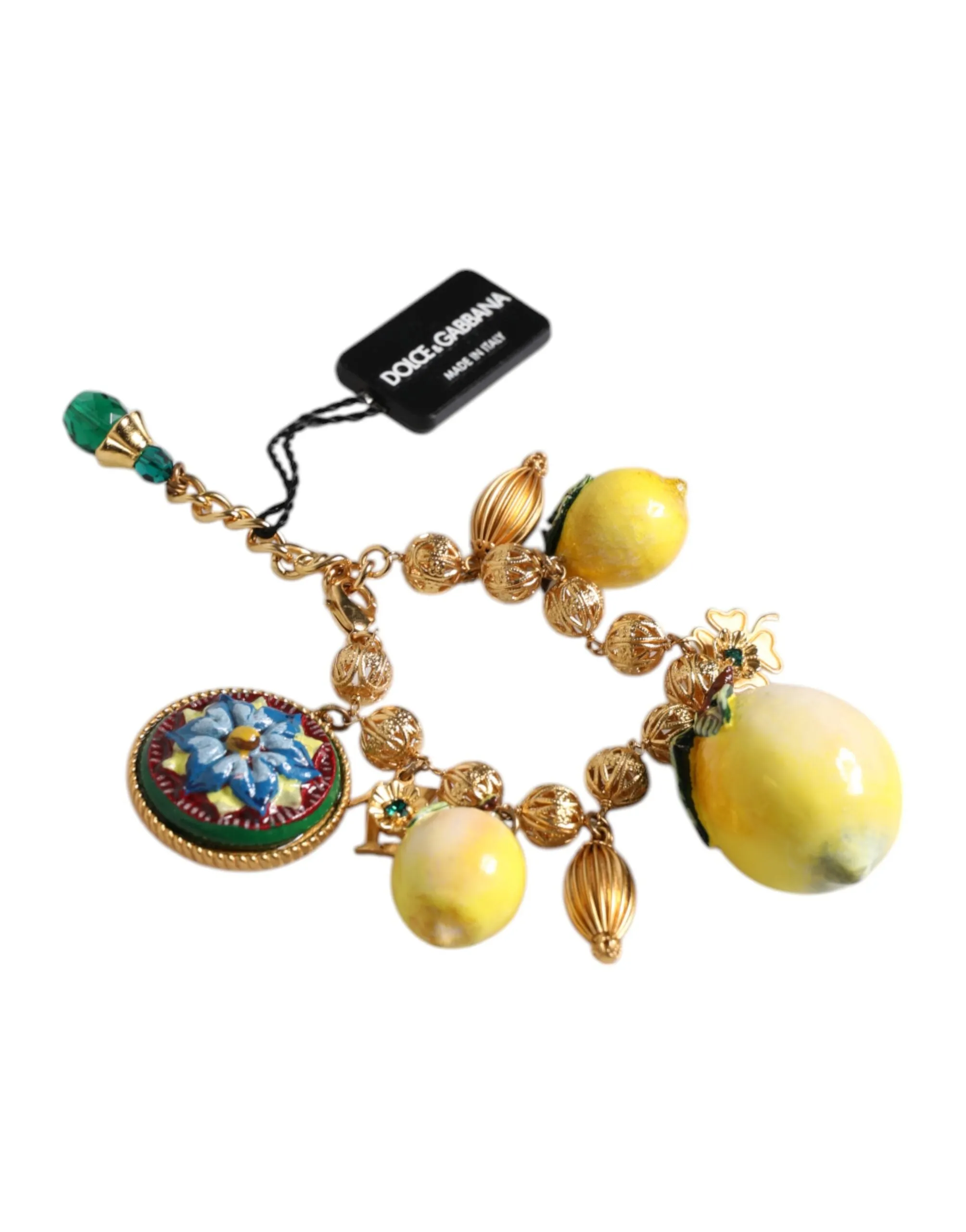 Gold Tone Brass Filigree Ball Charm Lemon Logo Bracelet