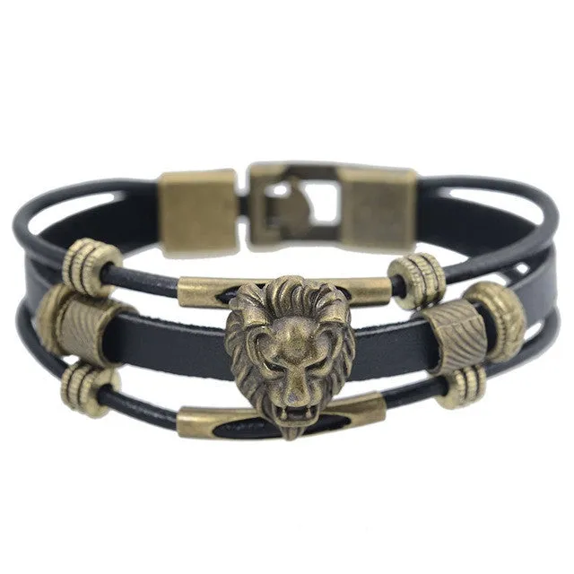 Handmade Men's Vintage Brass Hologram Bracelet for Men Wristband Punk Jewelry Tiger Head Bead Charm Leather bracelets & Bangles