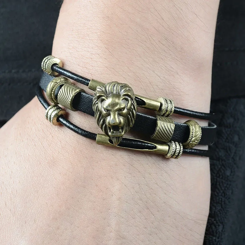 Handmade Men's Vintage Brass Hologram Bracelet for Men Wristband Punk Jewelry Tiger Head Bead Charm Leather bracelets & Bangles