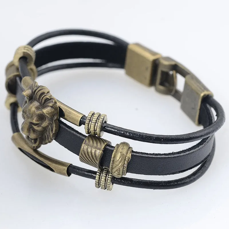 Handmade Men's Vintage Brass Hologram Bracelet for Men Wristband Punk Jewelry Tiger Head Bead Charm Leather bracelets & Bangles
