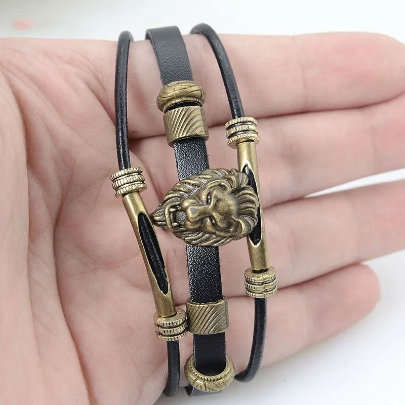 Handmade Men's Vintage Brass Hologram Bracelet for Men Wristband Punk Jewelry Tiger Head Bead Charm Leather bracelets & Bangles