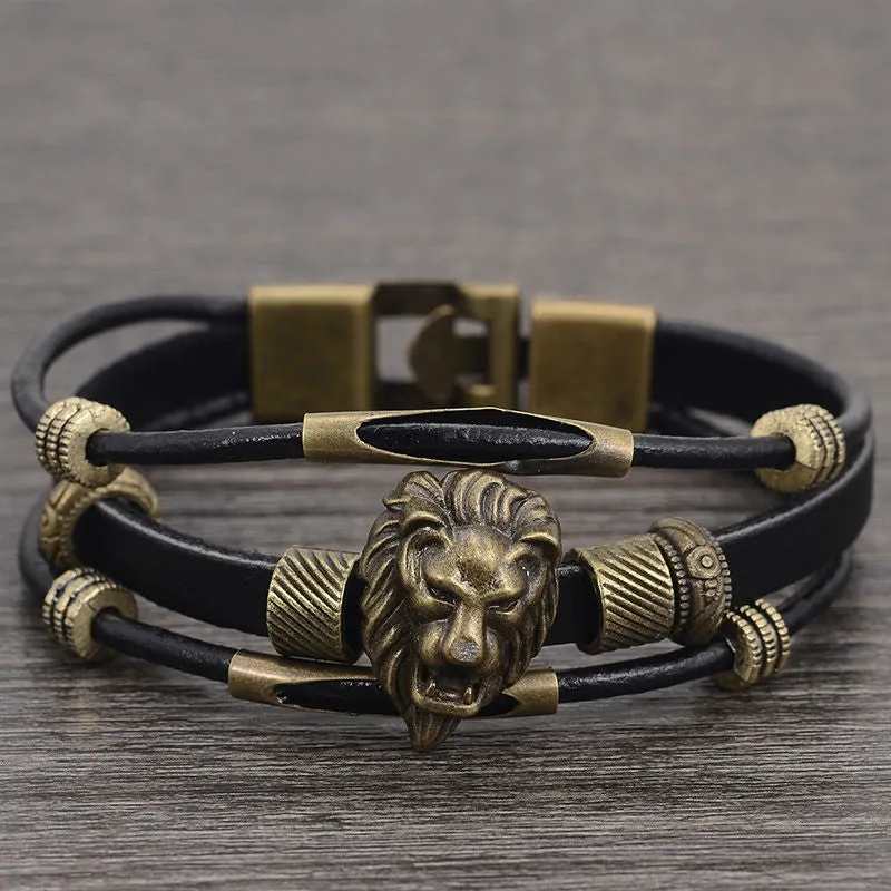 Handmade Men's Vintage Brass Hologram Bracelet for Men Wristband Punk Jewelry Tiger Head Bead Charm Leather bracelets & Bangles