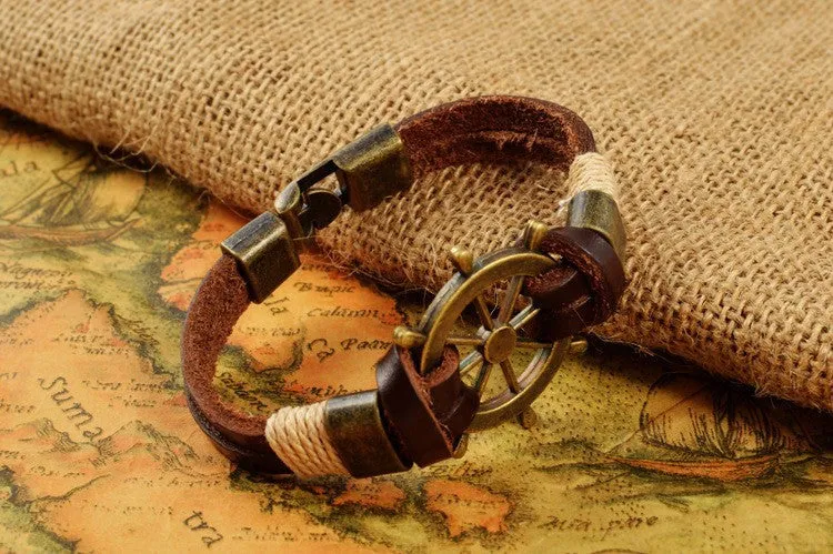 High Quality Fashion Jewelry Vintage Stainless Steel Rudder Charm Genuine Cow Leather Bracelet For Men Party Gift