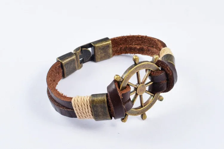 High Quality Fashion Jewelry Vintage Stainless Steel Rudder Charm Genuine Cow Leather Bracelet For Men Party Gift