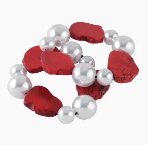 HOWLITE AND FAUX PEARL STRETCH BRACELET. CORAL RED/WHITE