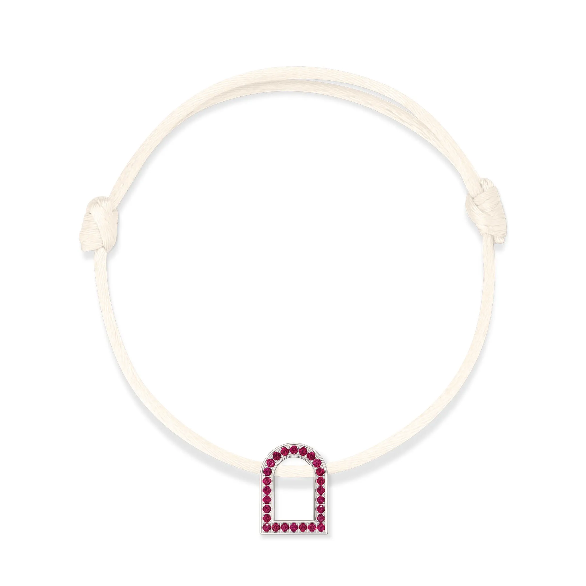 L'Arc Voyage Charm MM, 18k White Gold with Galerie Rubies on Silk Cord