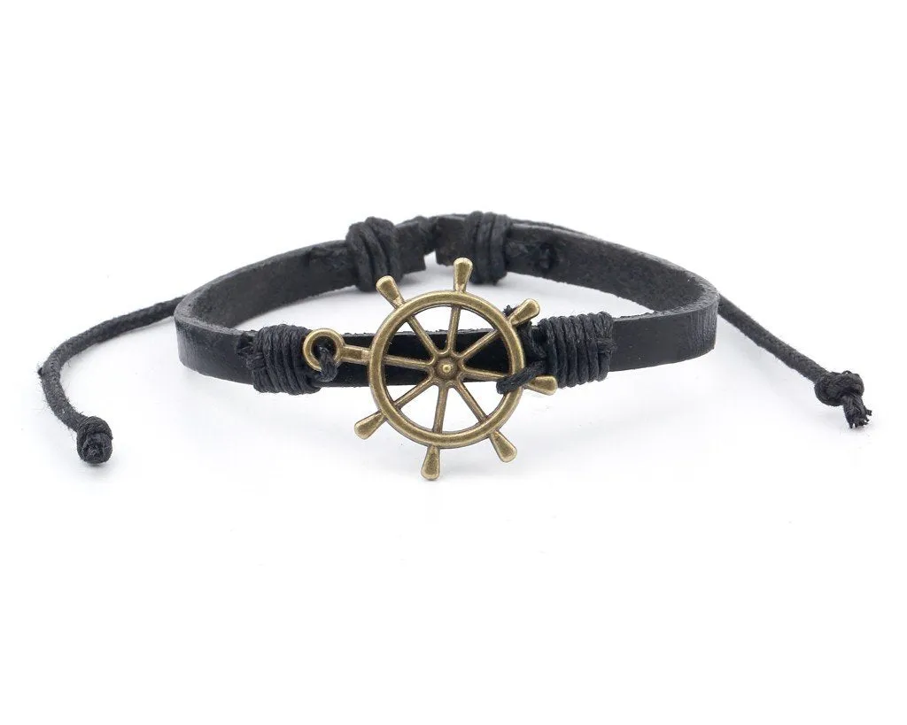 Leather Bracelet Brass Ship Wheel Black