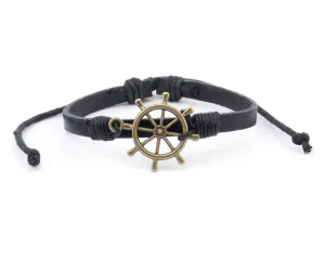 Leather Bracelet Brass Ship Wheel Black