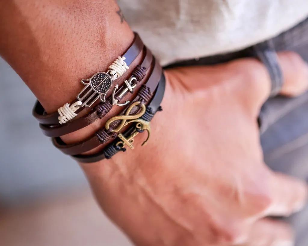 Leather Bracelet Large Brass Ship Wheel