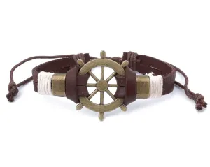 Leather Bracelet Large Brass Ship Wheel
