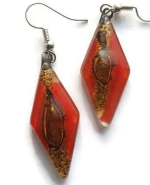 Long Diamond shaped red and brown fused glass earrings