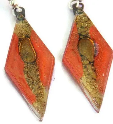 Long Diamond shaped red and brown fused glass earrings