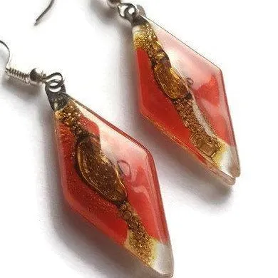 Long Diamond shaped red and brown fused glass earrings