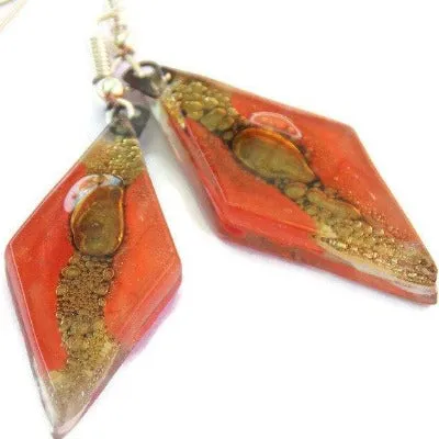 Long Diamond shaped red and brown fused glass earrings