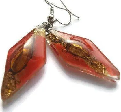 Long Diamond shaped red and brown fused glass earrings