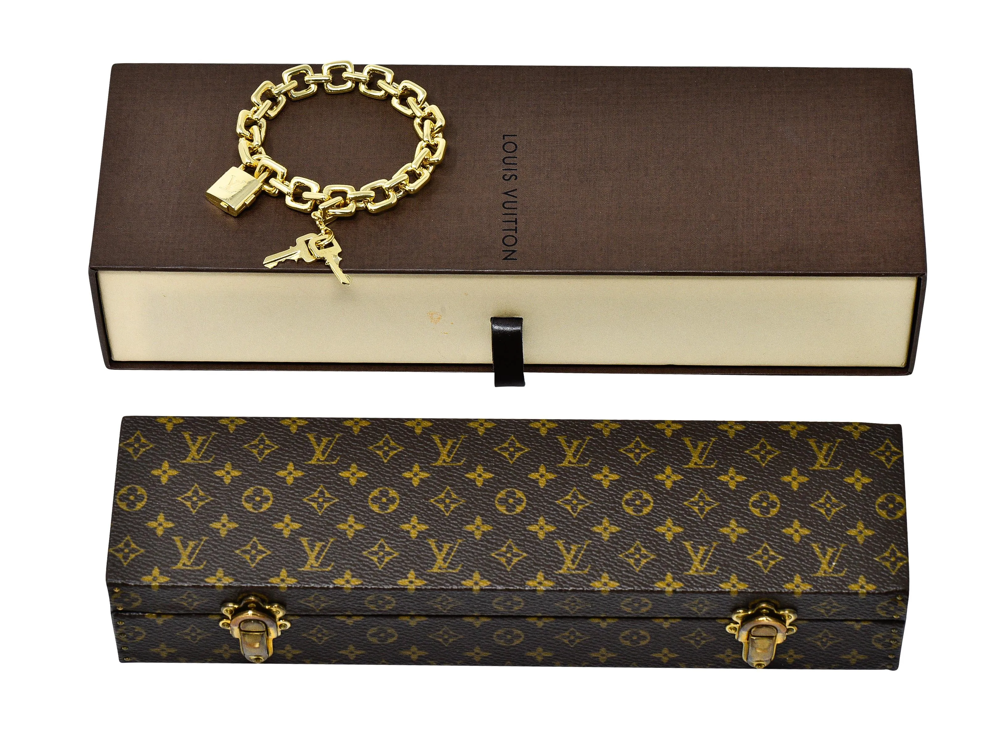 Louis Vuitton Paris 2000's 18 Karat Yellow Gold Square Lock & Key Vintage Charm Bracelet