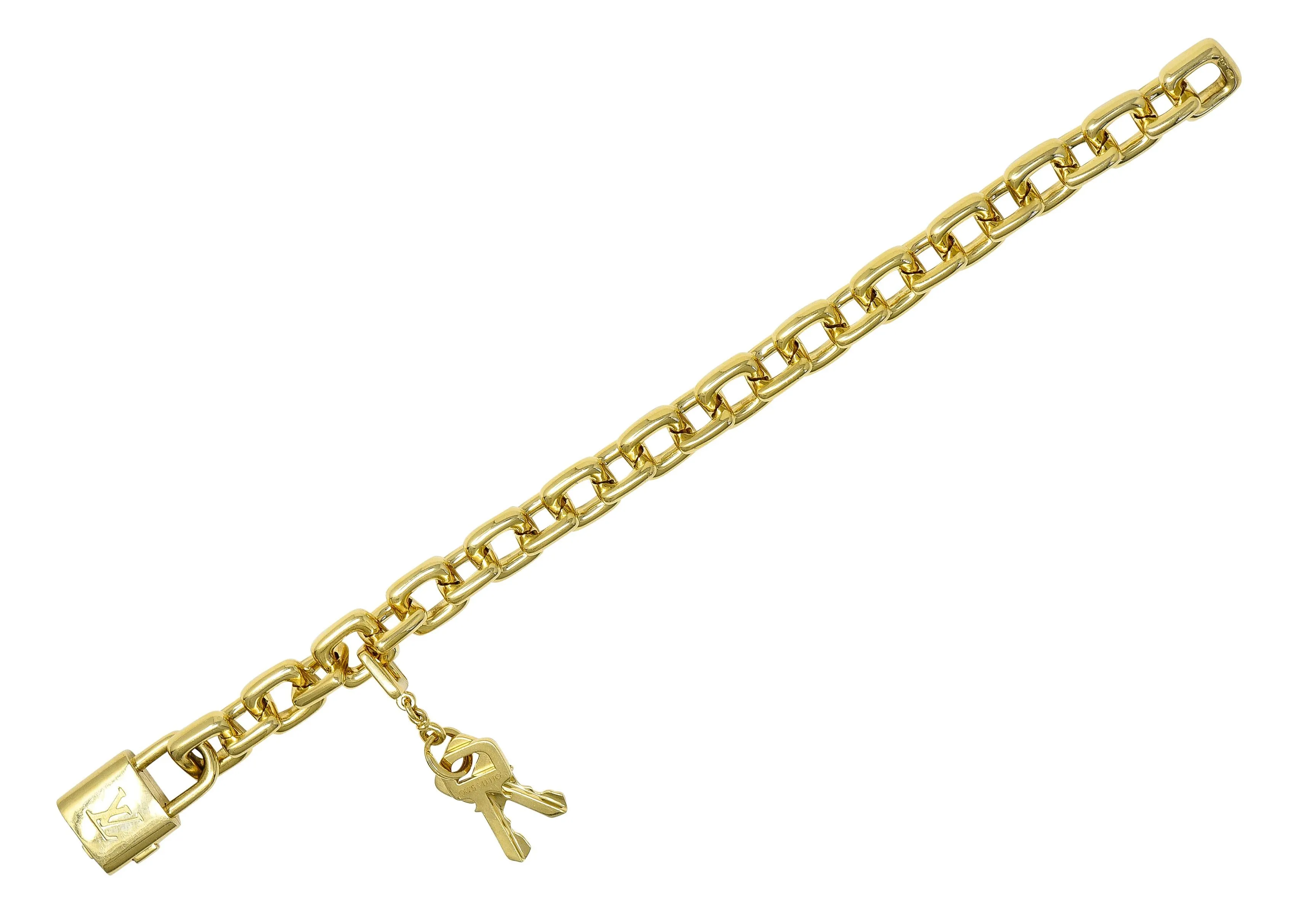 Louis Vuitton Paris 2000's 18 Karat Yellow Gold Square Lock & Key Vintage Charm Bracelet