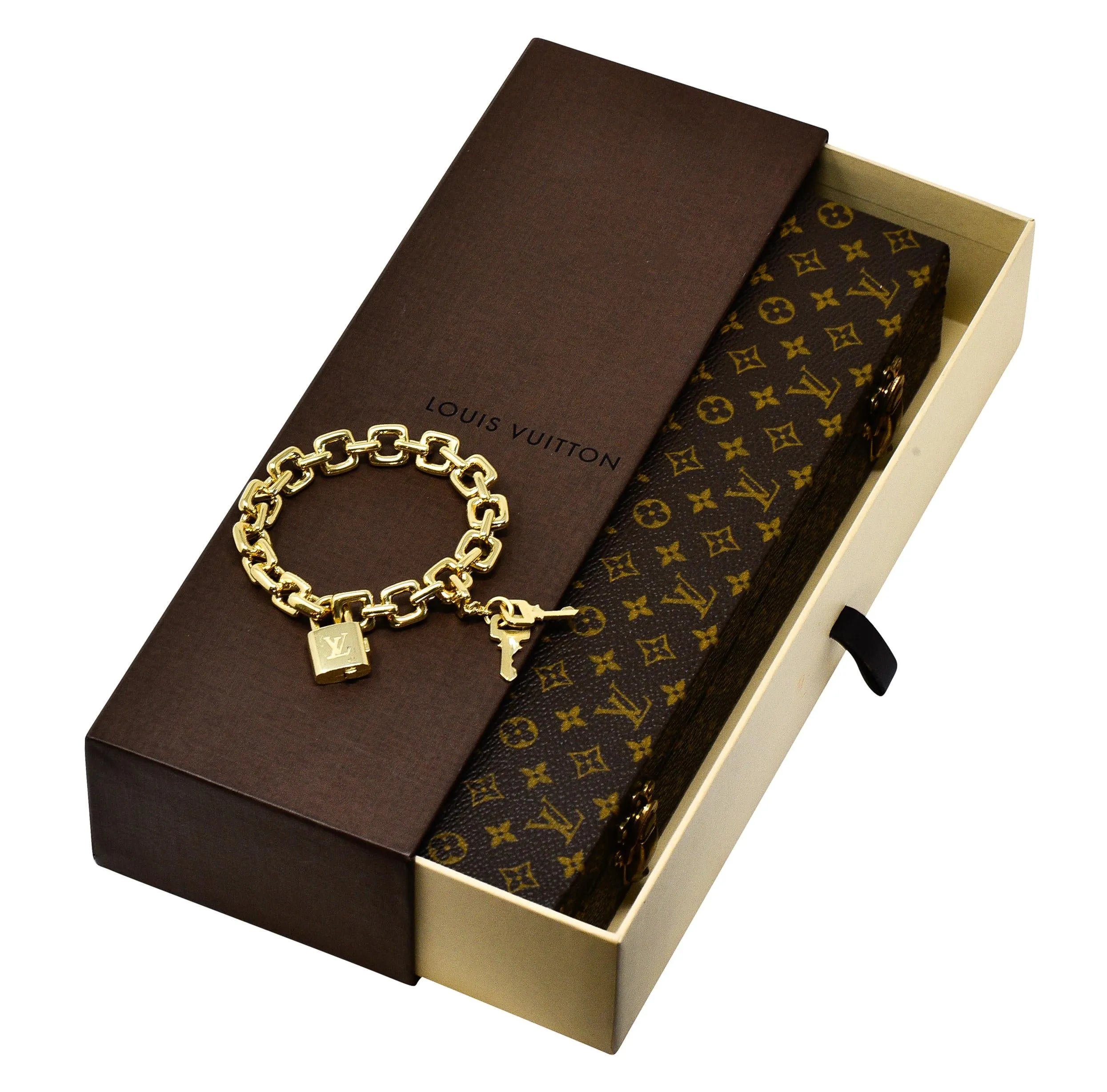 Louis Vuitton Paris 2000's 18 Karat Yellow Gold Square Lock & Key Vintage Charm Bracelet