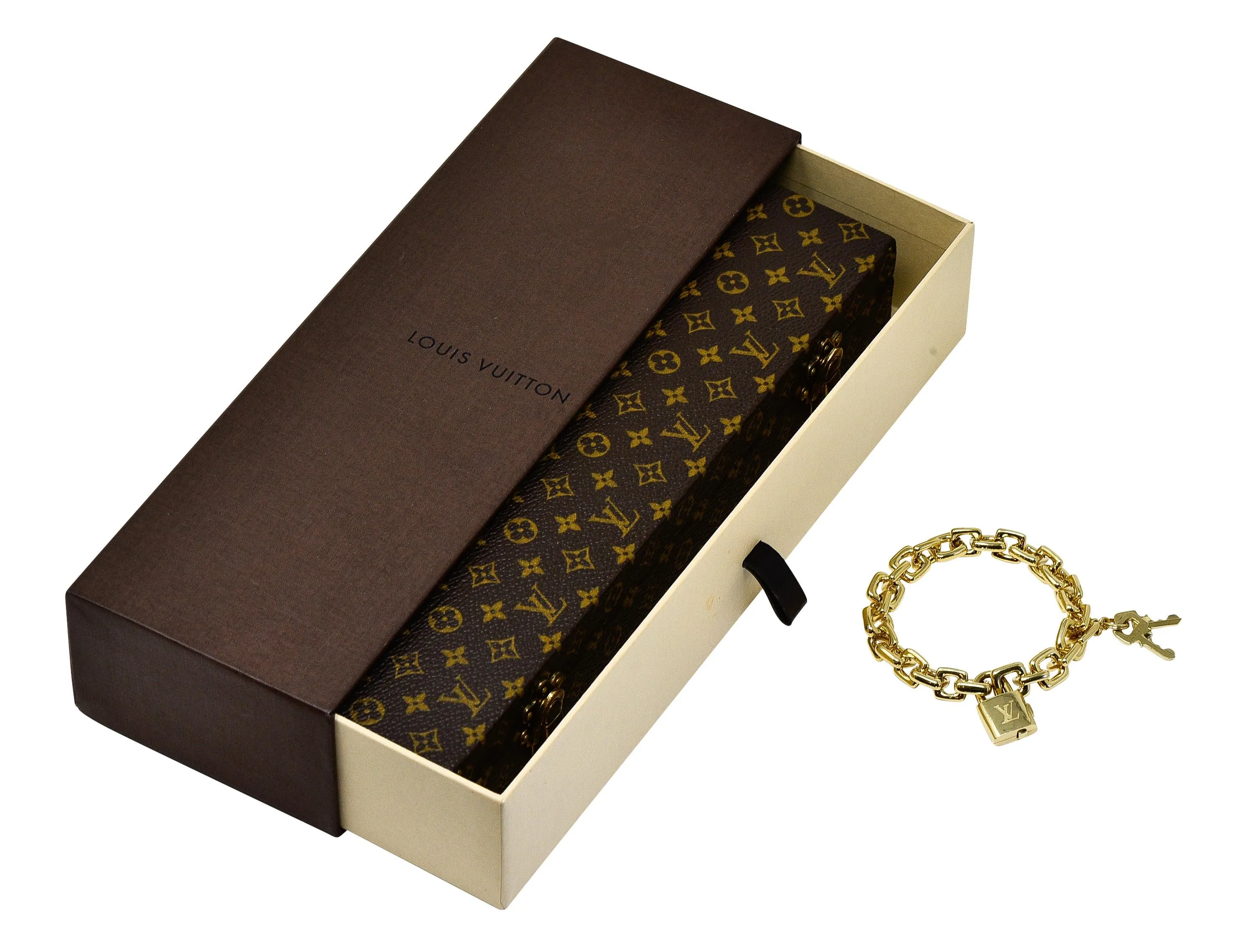 Louis Vuitton Paris 2000's 18 Karat Yellow Gold Square Lock & Key Vintage Charm Bracelet