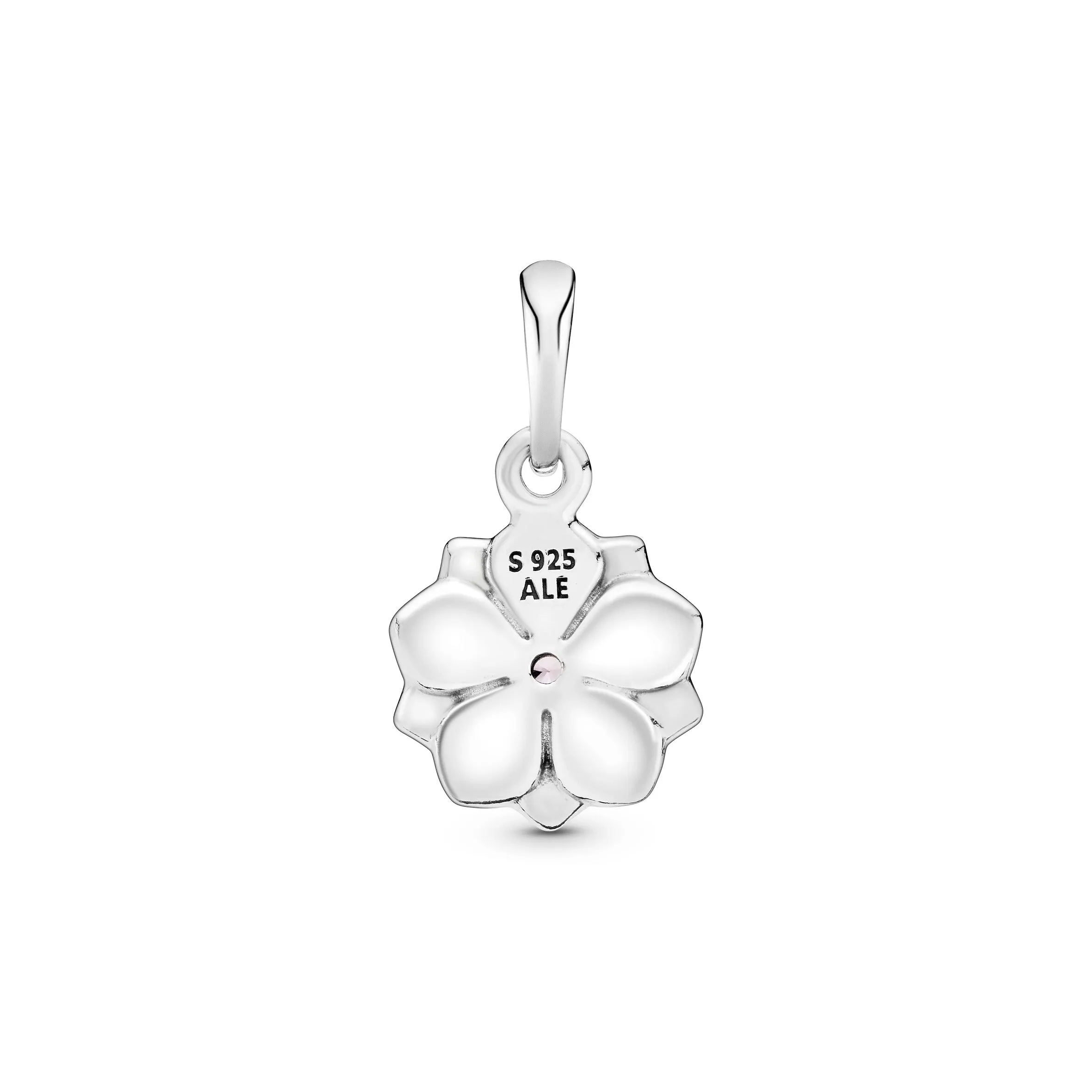 Magnolia silver dangle with pink cubic zirconia, white and shaded pink enamel
