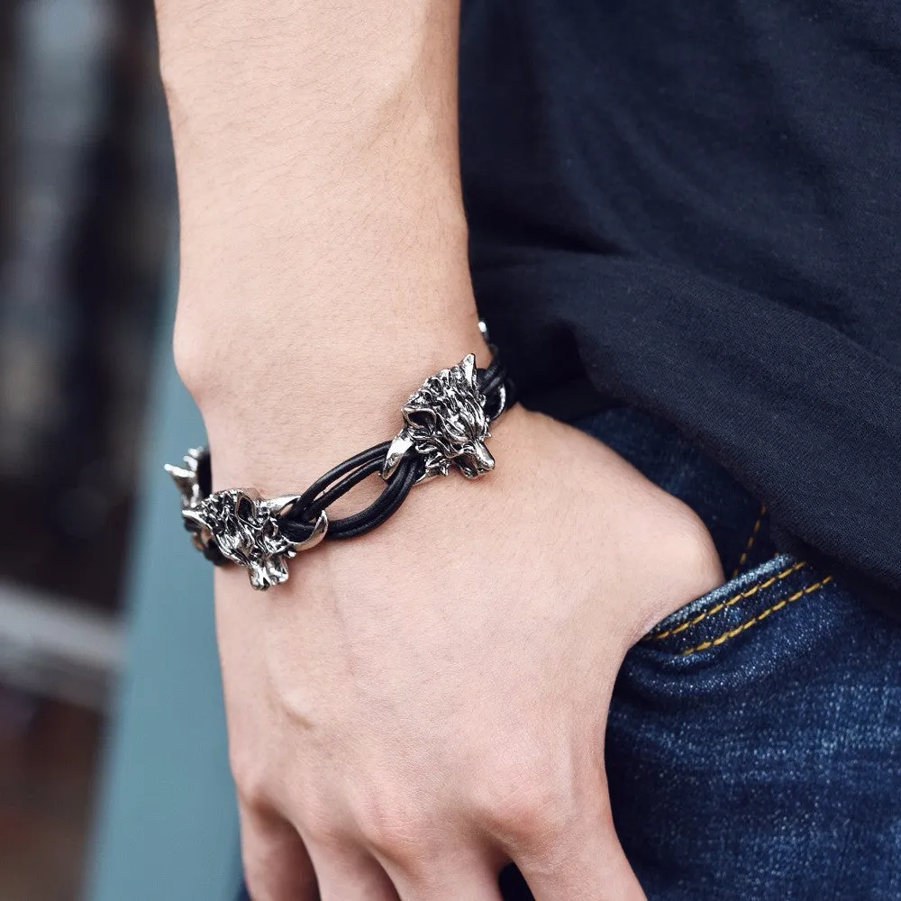 Men Bracelet Stainless Steel & Wolf PU Cuff Leather Bracelets Bangles Men Jewelry Accessories For Best Friends